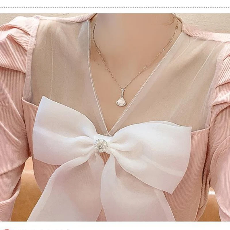 Spring Autumn New Contrast Color Fashion Long Sleeve Blouse Women High Street Casual Slim Bow Lace Patchwork Elegant Pullovers