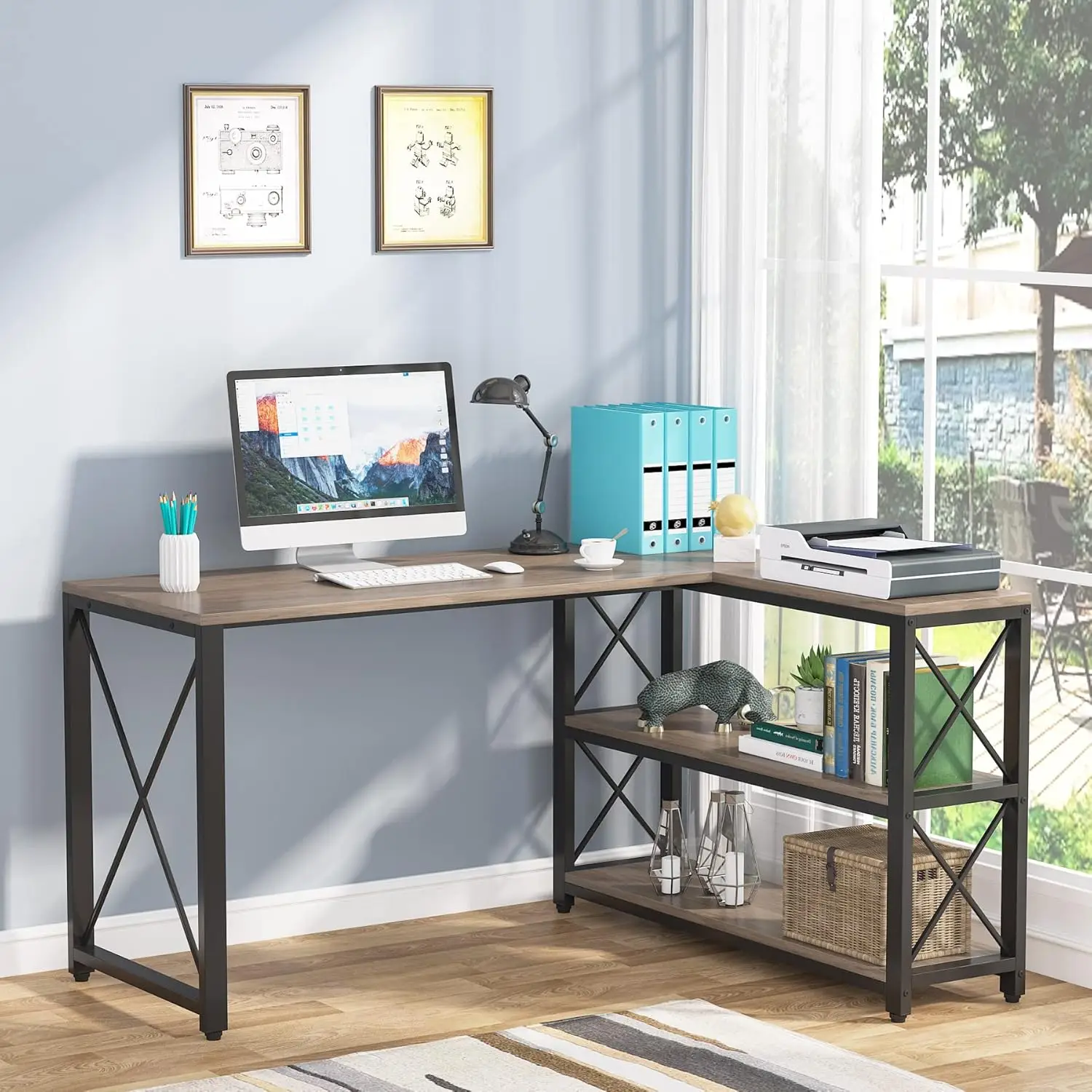 

Reversible Industrial L-Shaped Desk with Storage Shelves, Corner Computer Desk PC Laptop Study Table Workstation