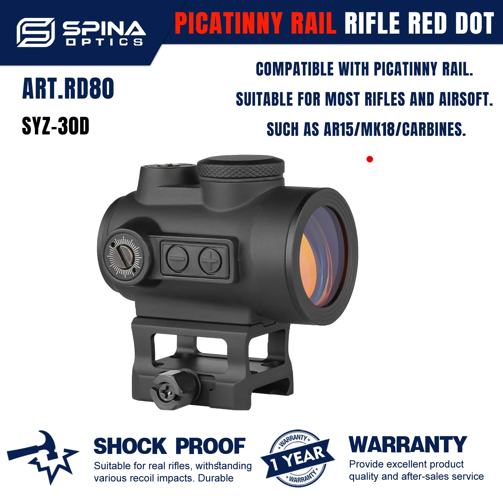 

SPINA OPTICS Коллиматорный прицел 1x28, крепление Picatinny, для охоты и тактики CQB с AR15, калибры .223 и 5.56