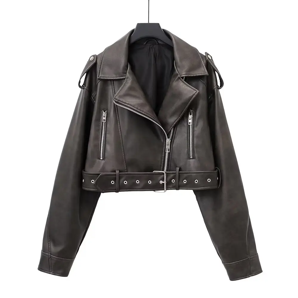 American hottie black motorcycle imitation leather short jacket coat women\'s early autumn new design leather jacket