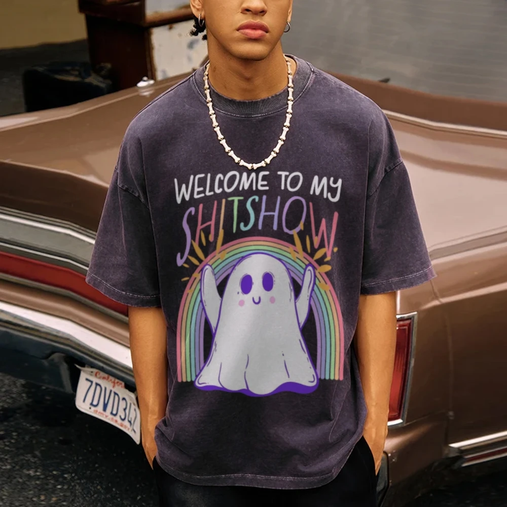 Welcome To My Shitshow Ghost Rainbow Vintage Unisex Washed T-shirt, Halloween Shirt