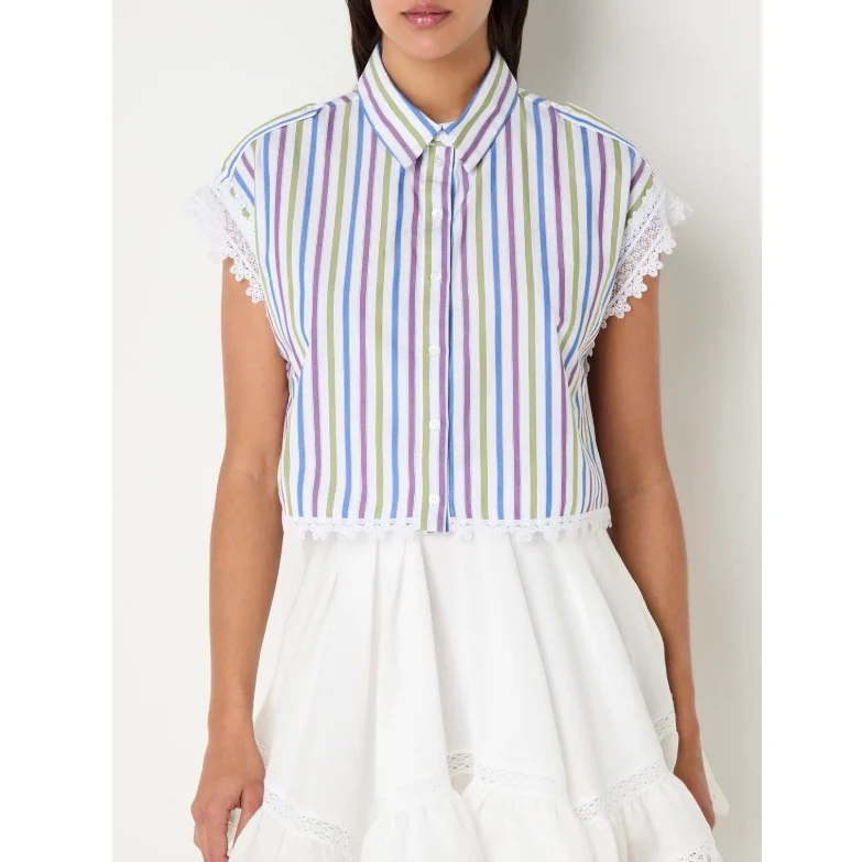 

Summer New Vertical Stripes Ruffle Lace Neck Sleeveless Short Shirt Women's French Style Cotton 100% Blouse