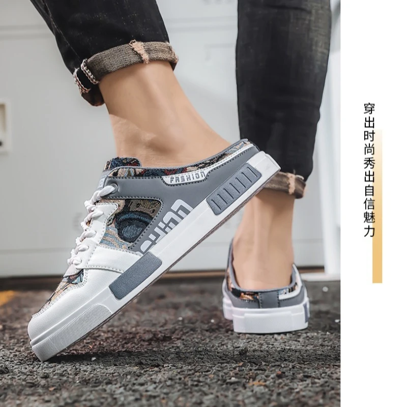 Men Backless Mule Sneakers Slip‑on Faux Leather Rubber Sole Breathable Flat Print Large Size Casual Shoes Summer Daily Footwear