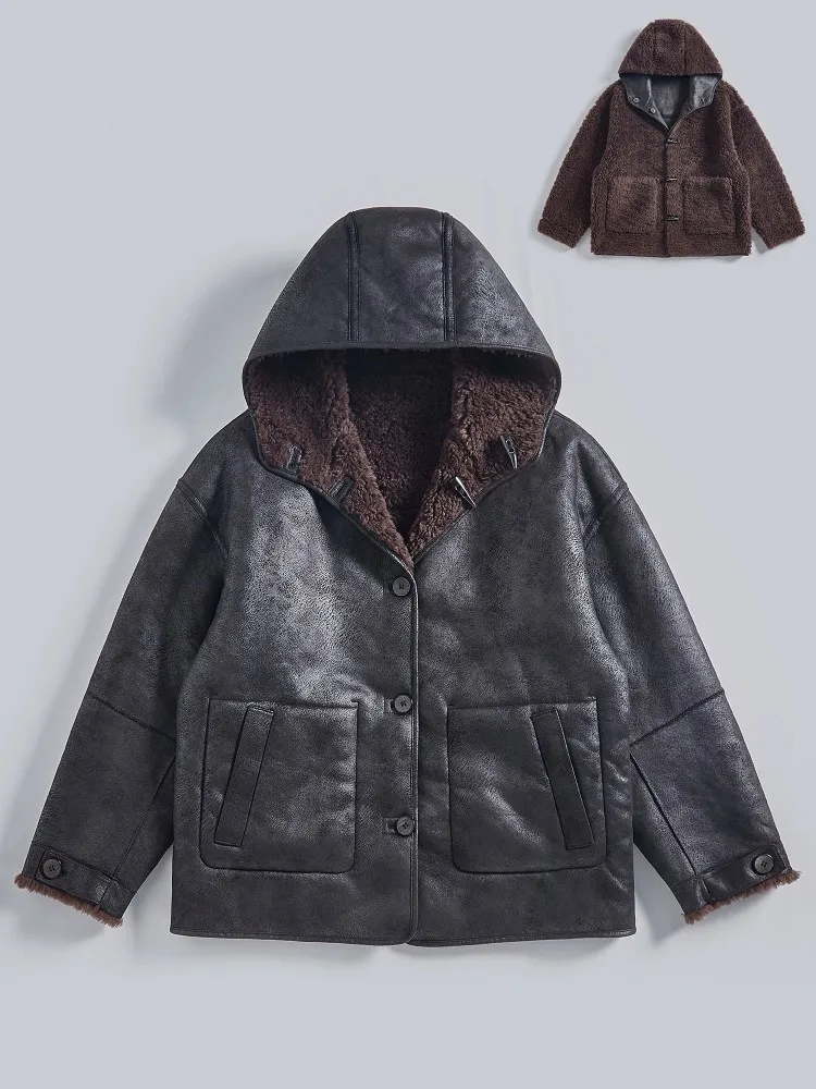 Mens Casual Winter Warm Real Wool Coat Vintage Reversible Hooded Faux Suede Loose Fit Single Breasted Sheep Shearing Jacket Male