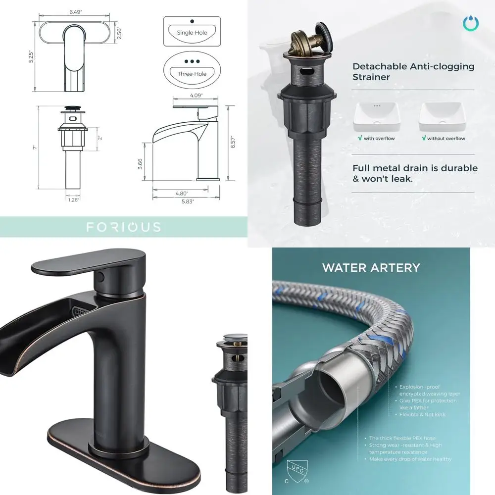 

Single Handle Waterfall Faucet in Oil Rubbed Bronze for 1 or 3 Hole Bathroom Sinks with Pop-Up Drain and Hose for Vanity and RV