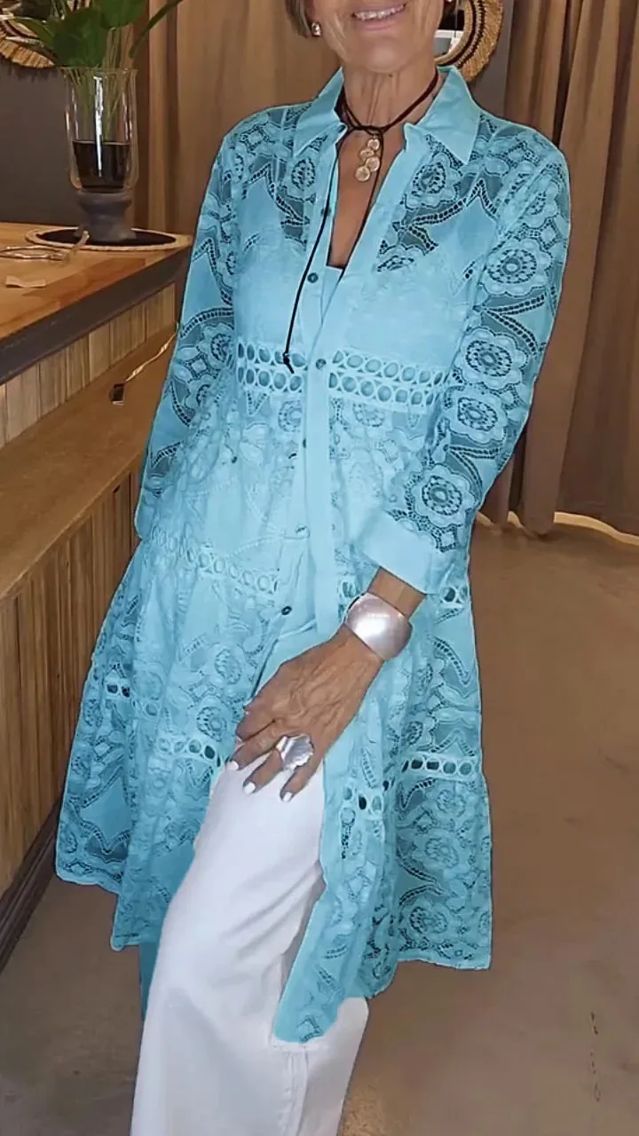 2025 Camicia elegante alla moda casual in pizzo al ginocchio a maniche lunghe con colletto rovesciato tinta unita americana europea di nuova moda da donna