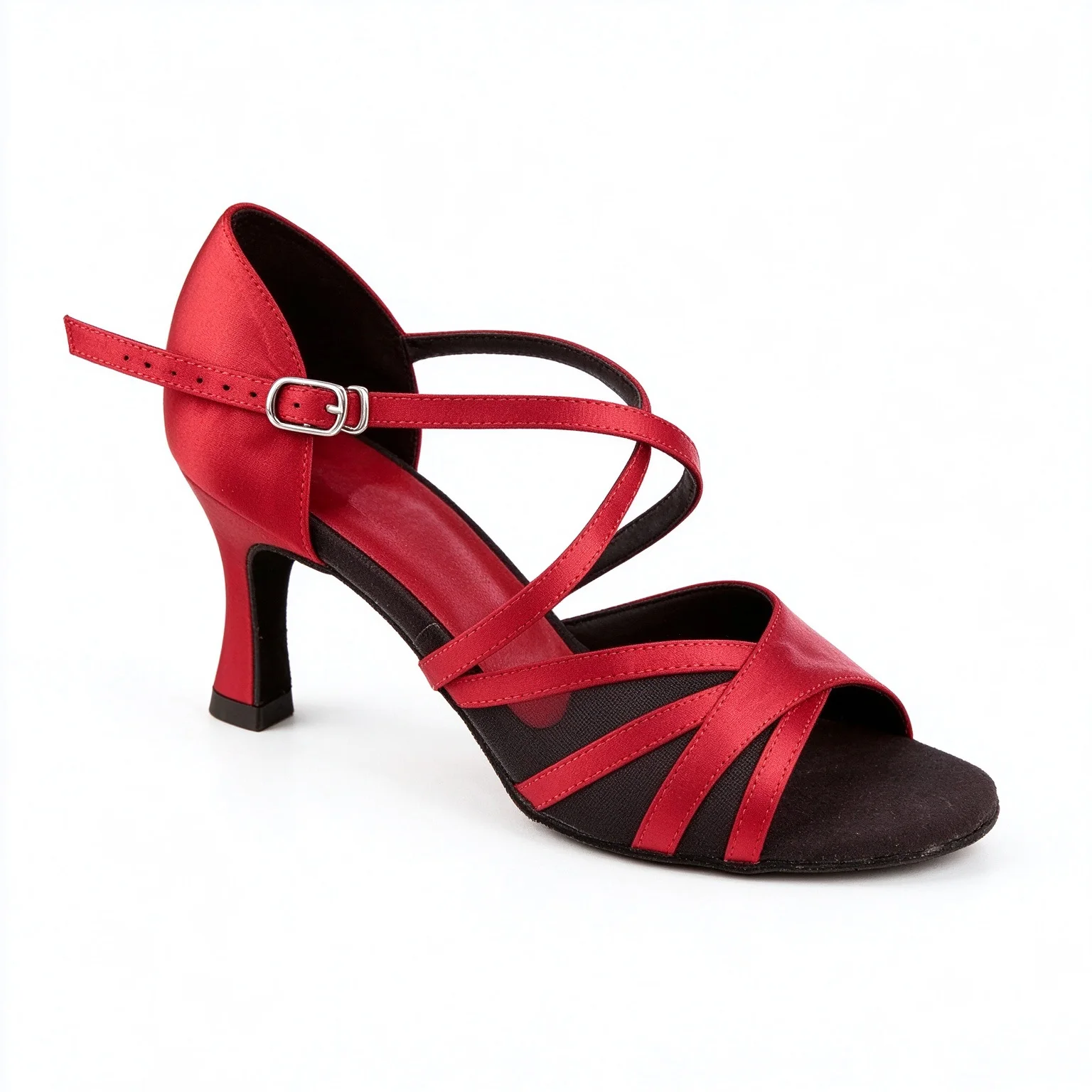 Evk Women Red Satin Latin Dance Shoes Peep Toe Salsa Ballroom Tango Dance Heel Sandals Competition Suede Sole Dance Footwear