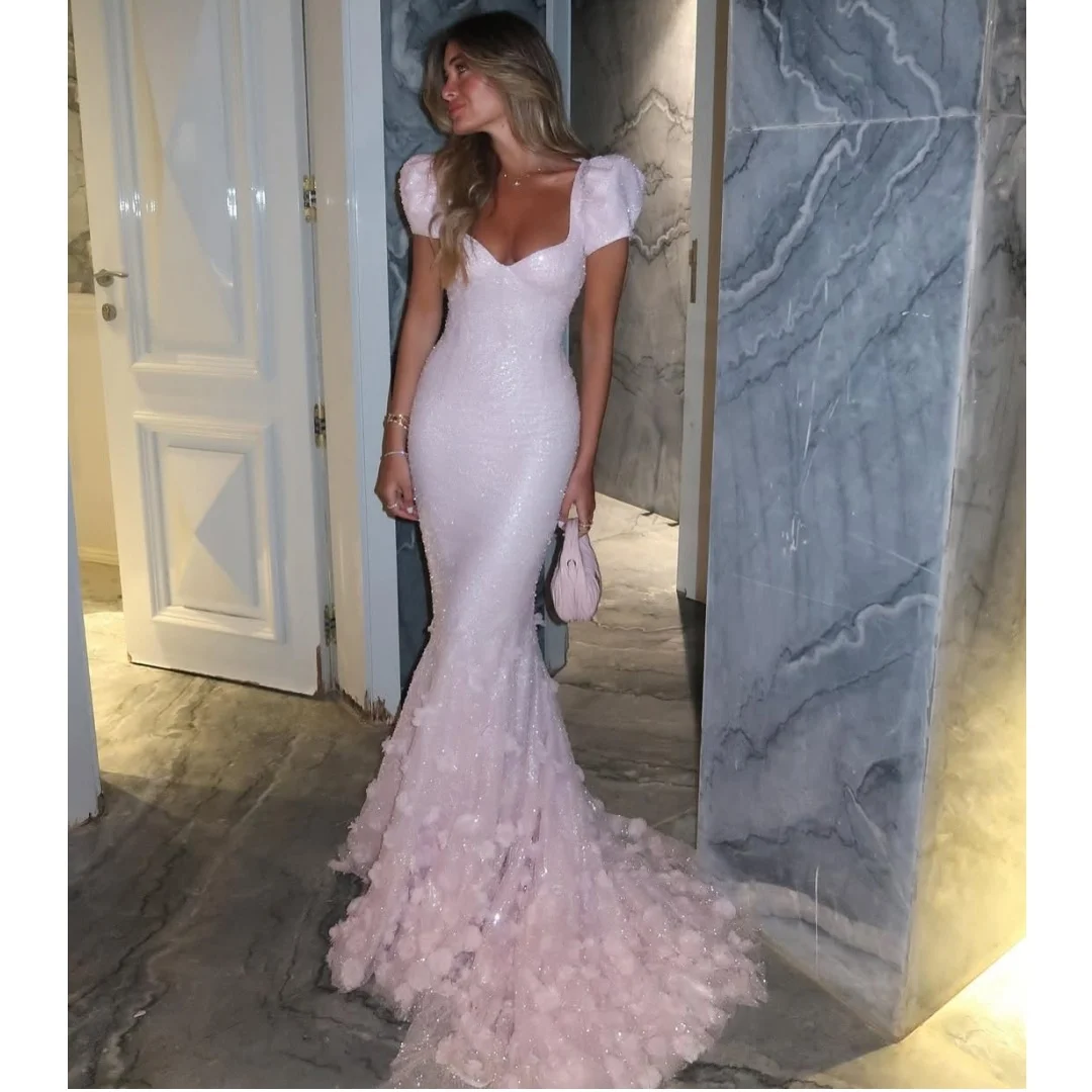 Light Pink Glitter Evening Dresses Women Mermaid vestidos de noche Floral Graduation Prom Dress Formal Party Gowns Customized