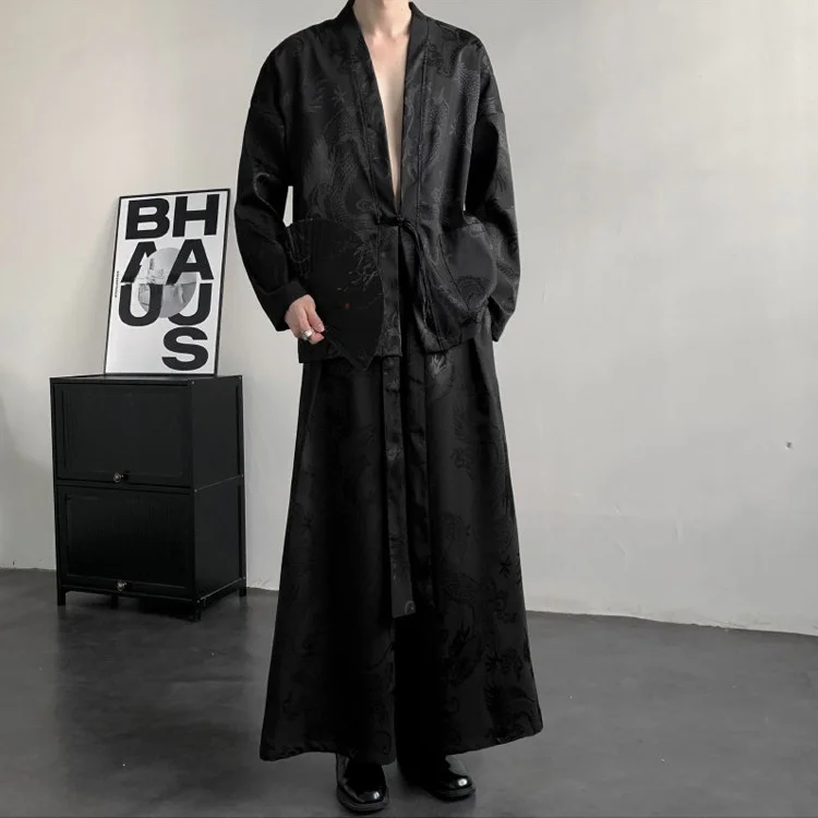 

Новый китайский мужской комплект Ханьфу: куртка и брюки с широкими штанинами и узором дракона, традиционная осенняя повседневная верхняя одежда