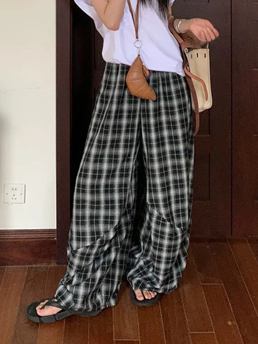 

Retro Plaid Print Straight Long Pants Women New Casual Streetwear Simple Loose Wide Leg Pant Vintage Chic Preppy Style Trousers