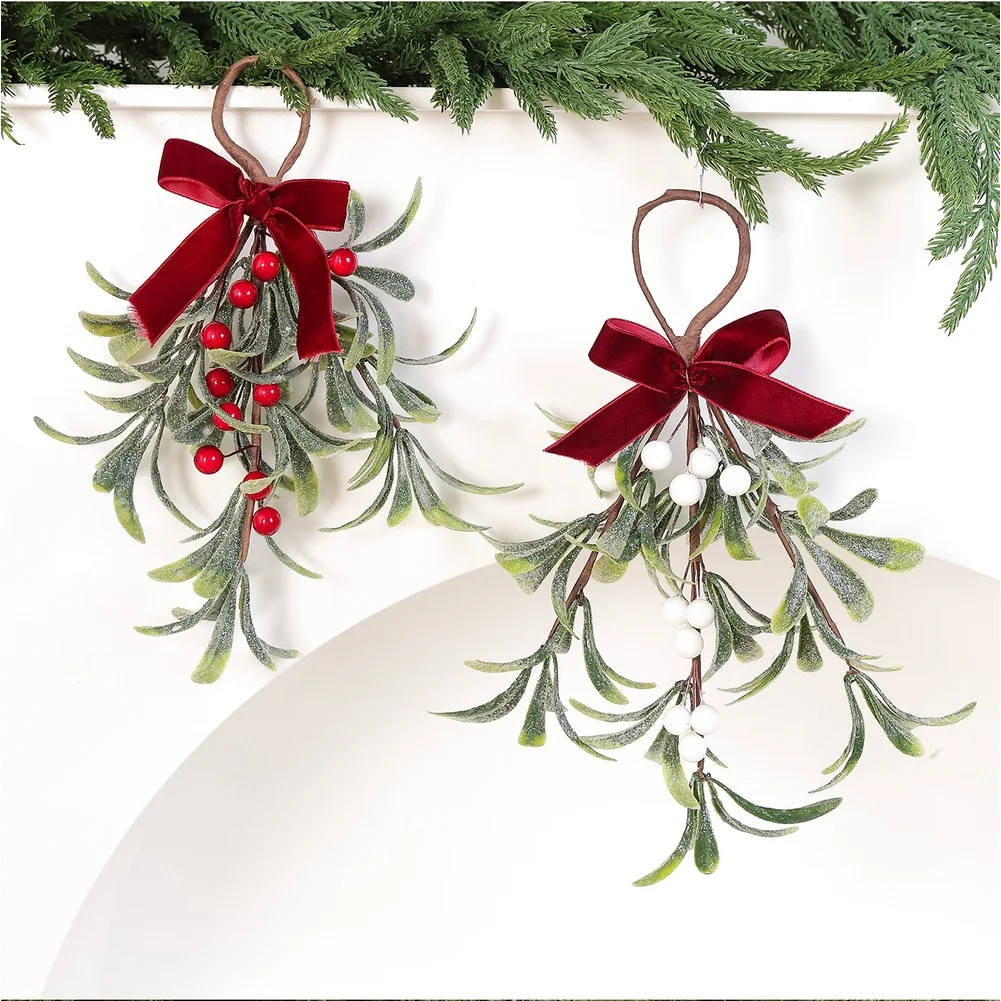 Artificial Mistletoe Hanging Ornament With Red White Berries And Bow For Christmas Tree Home Party For Decor 30x25cm ABS Fabric