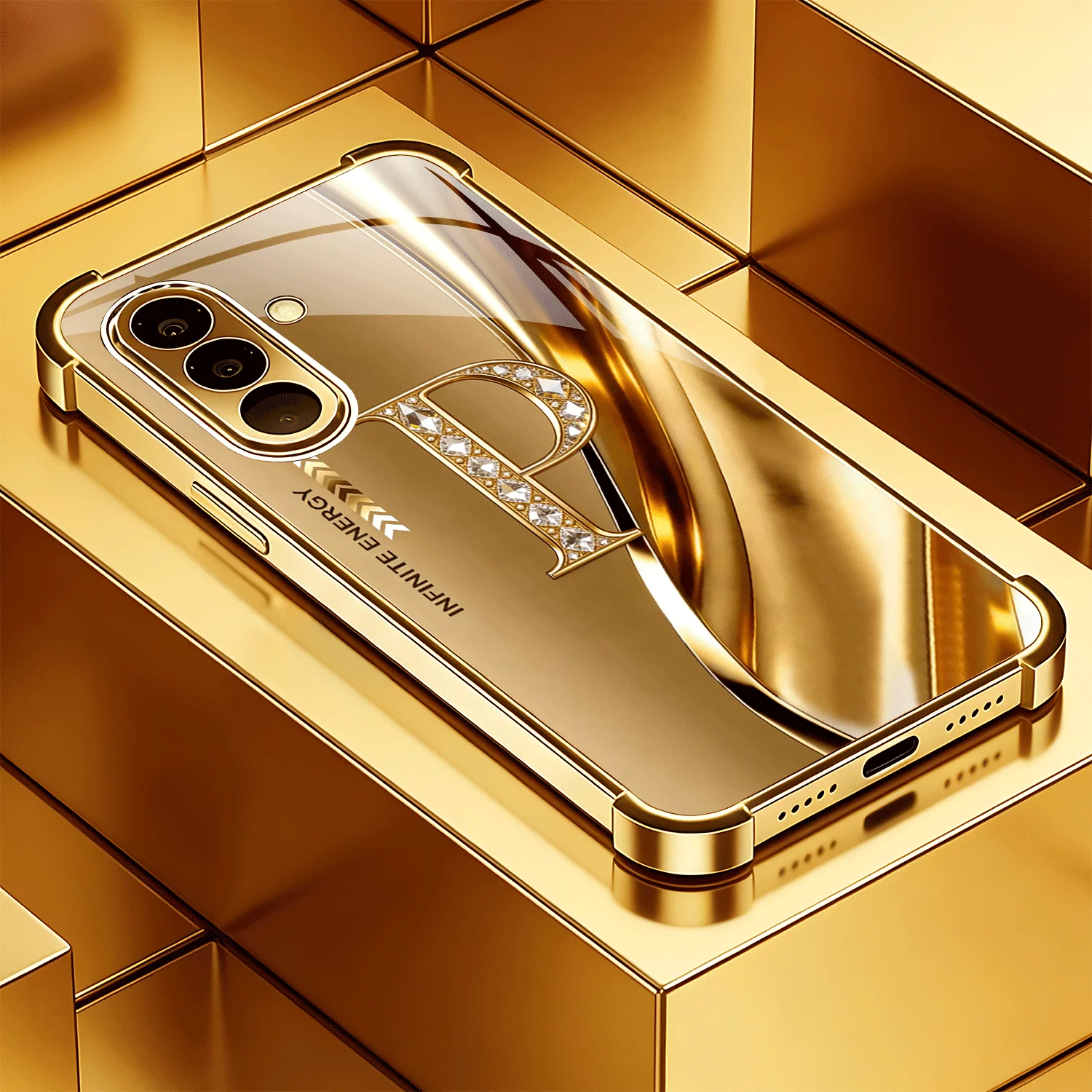 Letter "P" Gold Electroplating Four-Corner Glass phone case for Samsung Galaxy S26/25/24/23/22 Plus Ultra FE lens protection