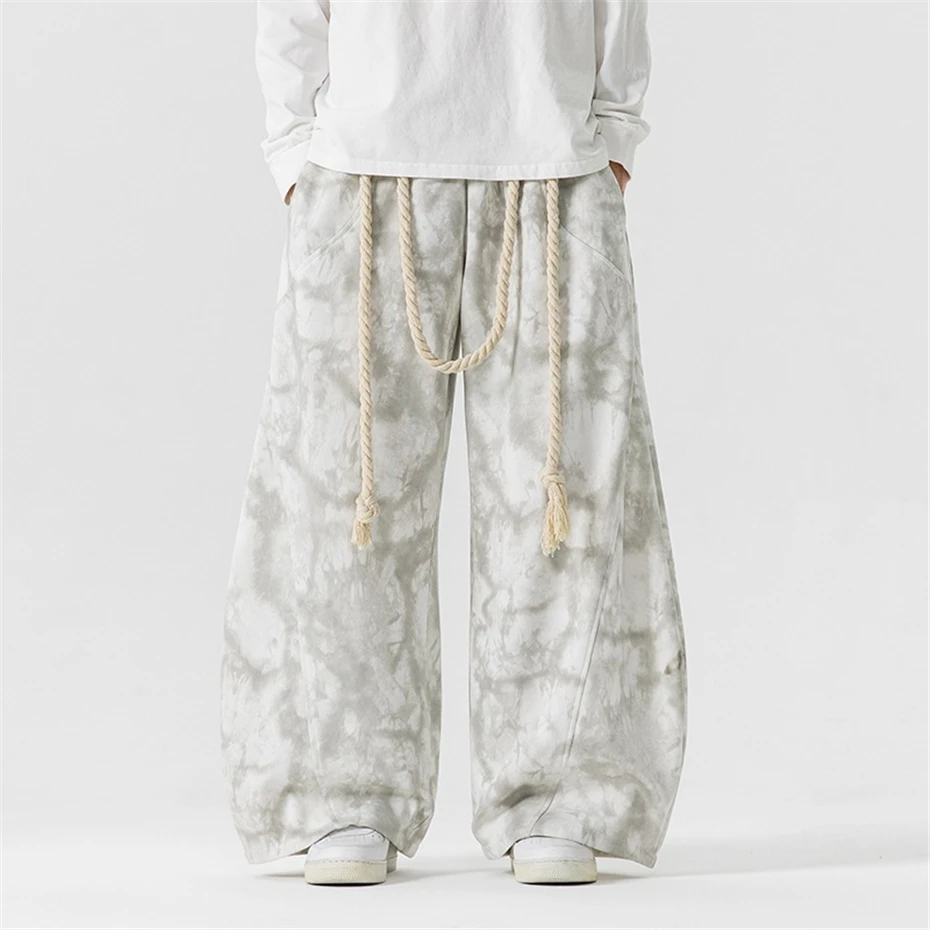 Streetwear Harajuku Tie Dye Pants Men Baggy Pants Rope Design Stretch Waist Trousers Male
