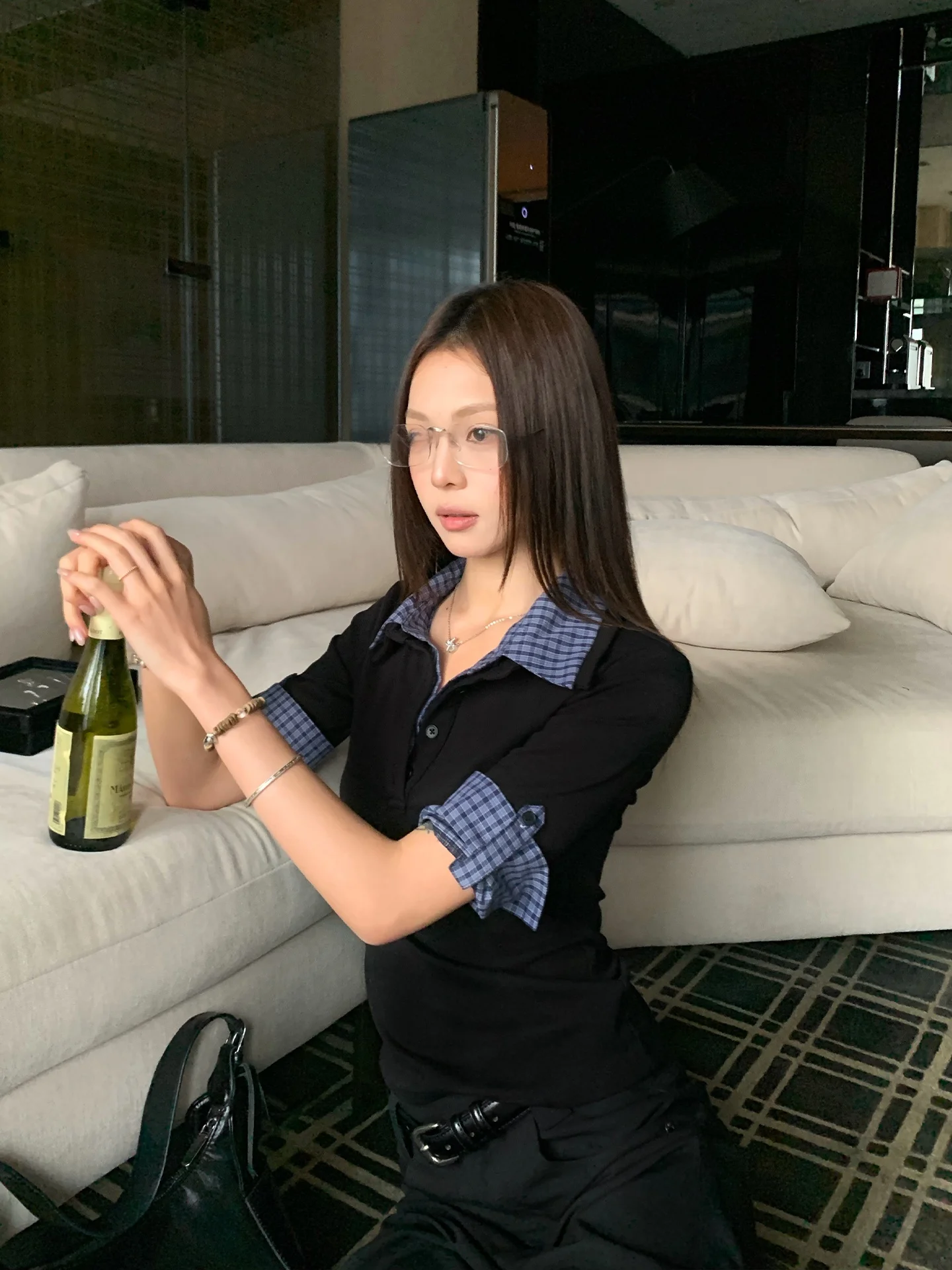 Slim Fit  Neck Short Sleeve T-Shirt Women's Autumn Design Black Sizing Small Beautiful Commuter Style Korean Version
