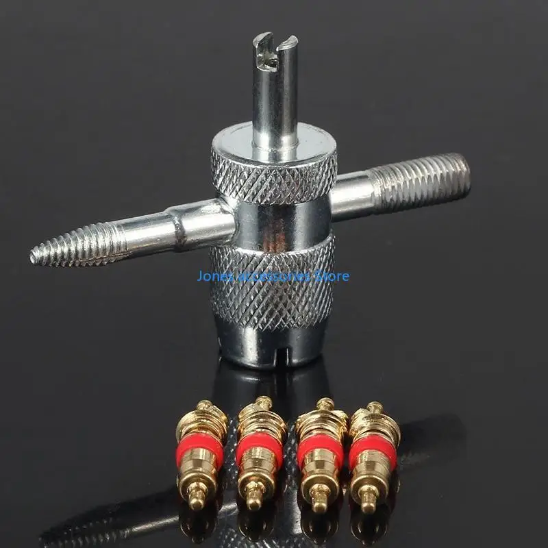 W8KD Car Bike 4 Way Tyre for Valve Repair Standard Tire Remover Tool + 4 Stem Cores K - Image 2