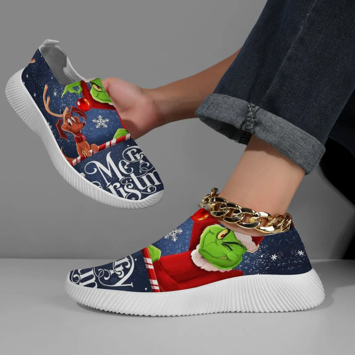 

Модные женские кроссовки, рождественские слипоны с Санта-Снежинкой, легкая прогулочная обувь, дышащие женские туфли на плоской подошве, Zapatillas Mujer