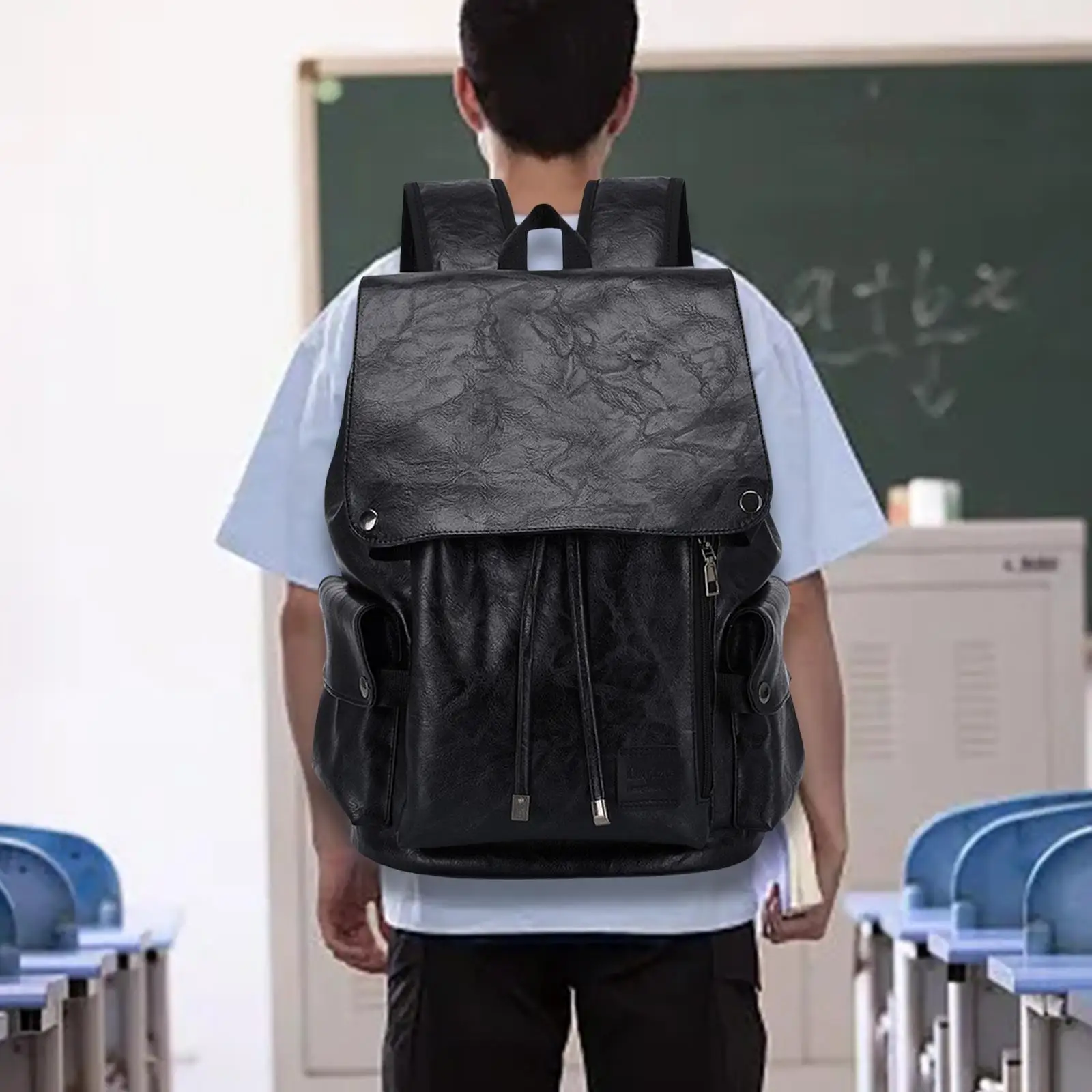 Ransel Laptop Kulit PU Ransel Pria Ringan Banyak Saku Besar