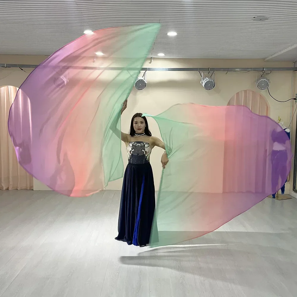 

Belly Dance Flag Wings, Performance Props, Multicolor Gradient Chiffon, Half Round, Sports Meeting Flags with Telescopic Stick