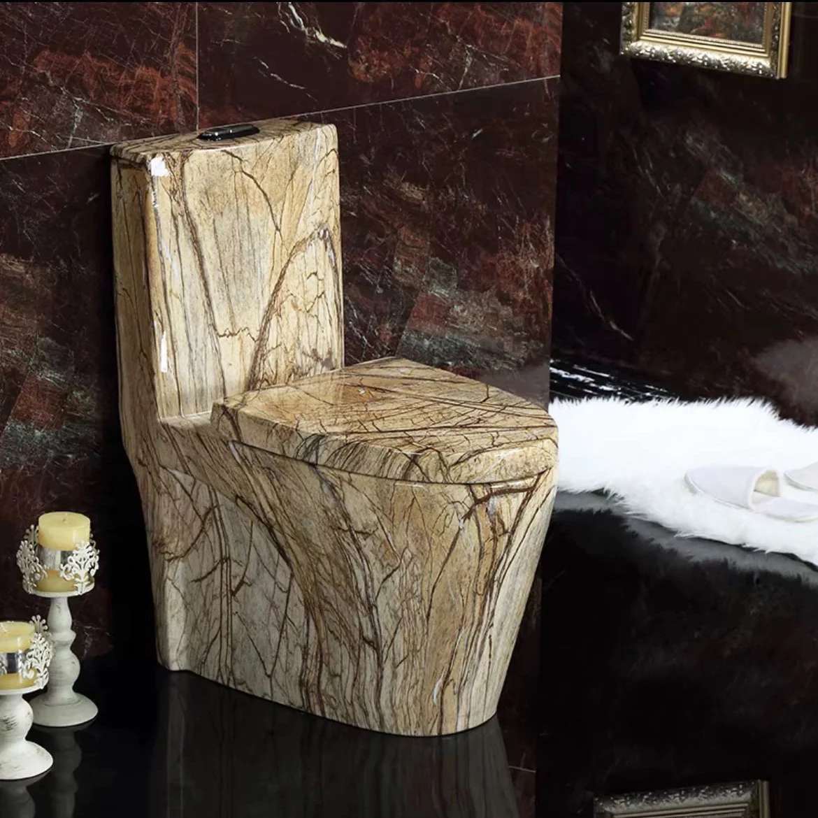 Ceramic Water Closet Bathroom Floor Mounted One Piece Marble Pattern Toilet Commode