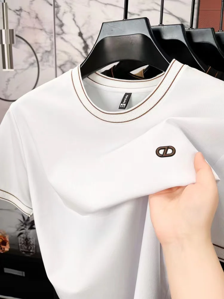 2024 Summer high-quality breathable cotton men\'s short sleeve T-shirt light luxury brand fashion embossed round neck casual top