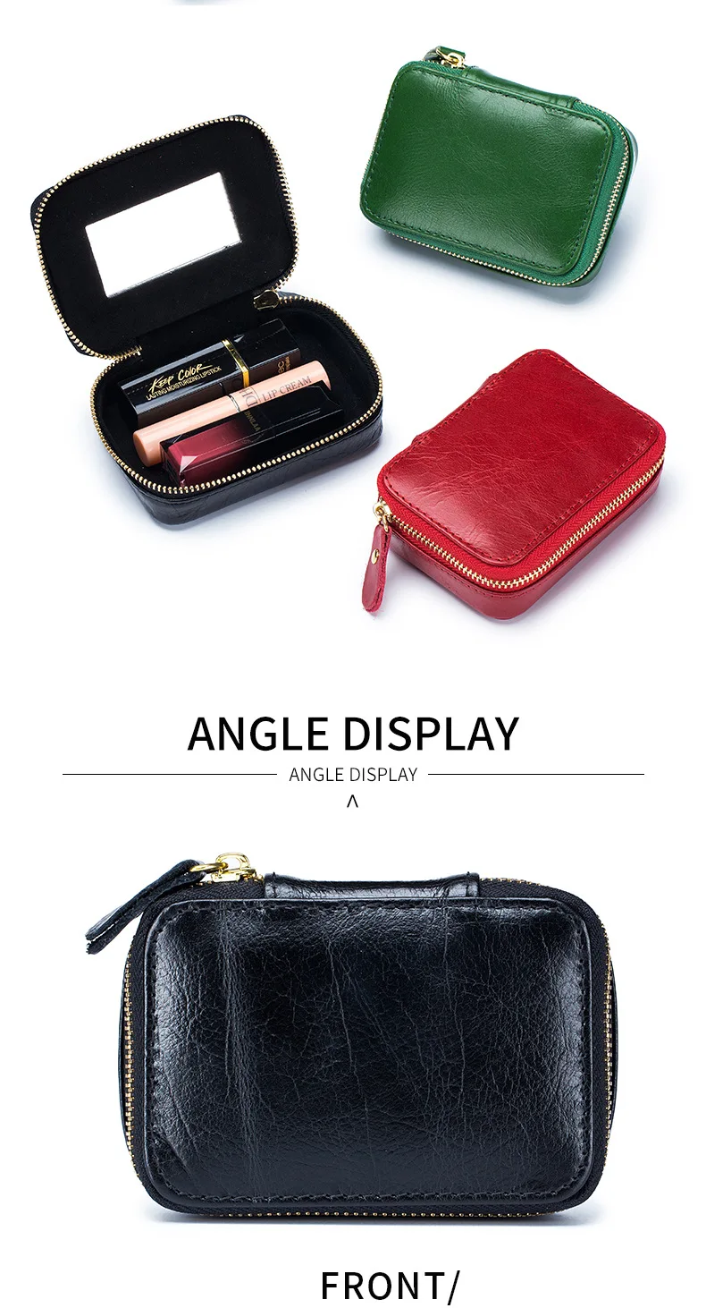 Lady Genuine Leather Lipstick Square Small Bag with Mirror Cowhide Cute Makeup Bag for Women's Jewelry Box Mini Coin Storage Bag