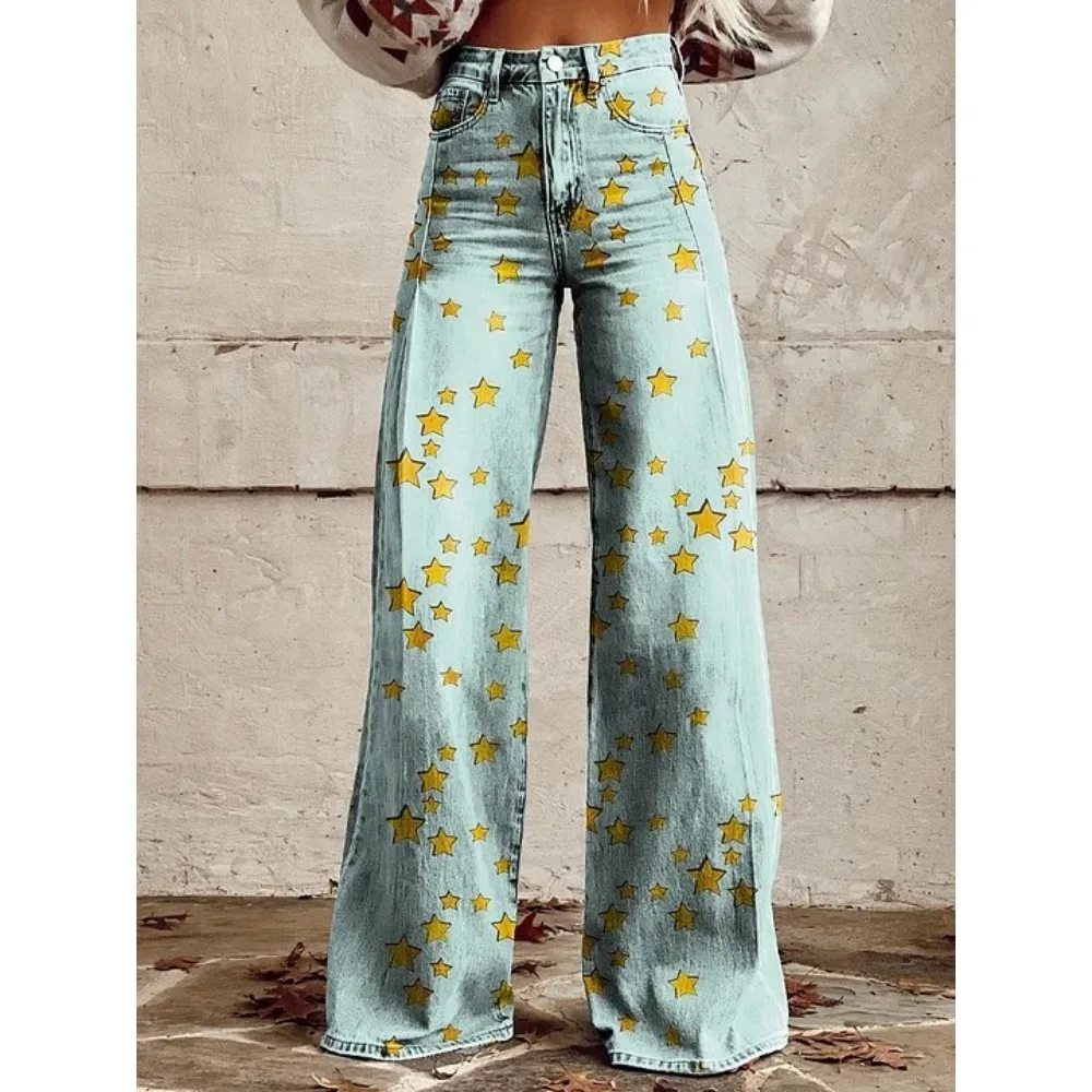 Vintage Galaxy Star Print Hose mit hoher Taille und weitem Bein, Damen-Baumwollhose, lässige Streetwear-Hose für Festivals und Konzerte – Detail 6