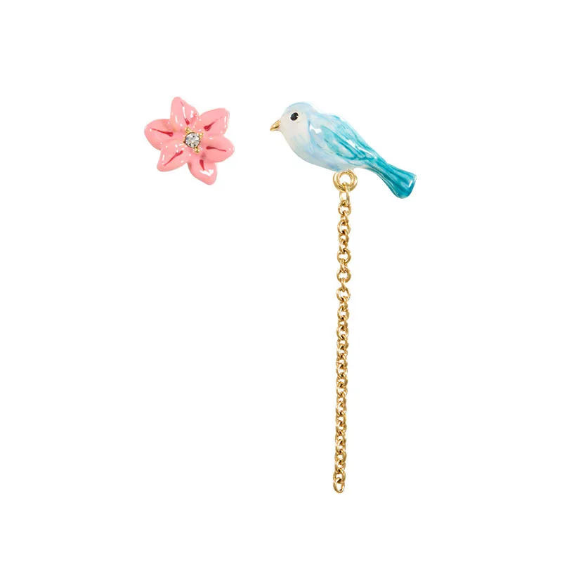 New Arrival Asymmetric Blue Bird And Pink Flower Design Hand Painted Enamel Earrings Long Length Ear Jewelry for Women