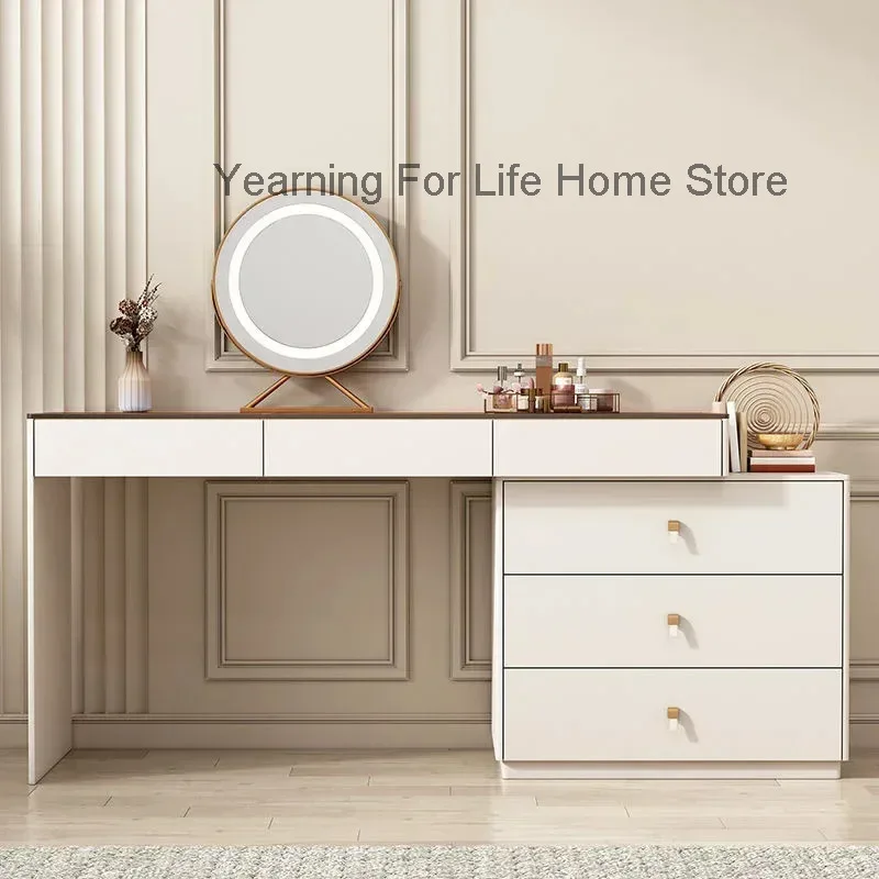 

Modern Vanity Desk with LED Lighted Mirror, Luxury Corner Makeup Vanity Table 6 Drawers and Large Storage Dressing Table Shelves