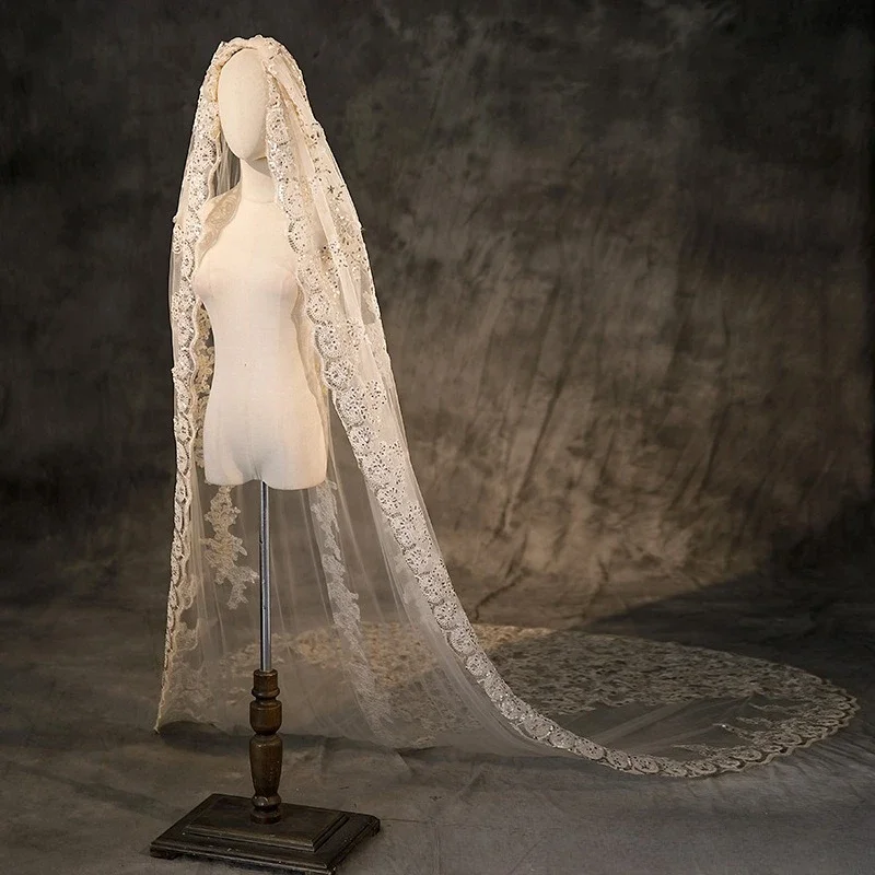 European and American sequined lace single-layer trailing veil foreign trade bride wedding church-style single-layer long veil