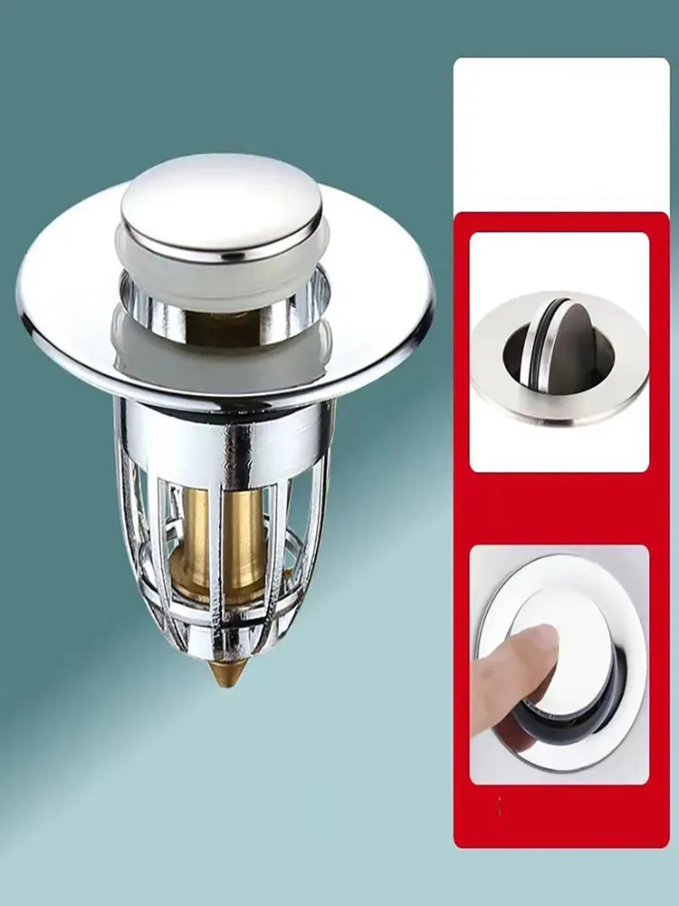 Universal Rebound Drain Plug Filter Basin Pop-up Chrome Sink Filter with Hair Catcher Bathroom Sink Drain Stopper Easy Push Type view 2
