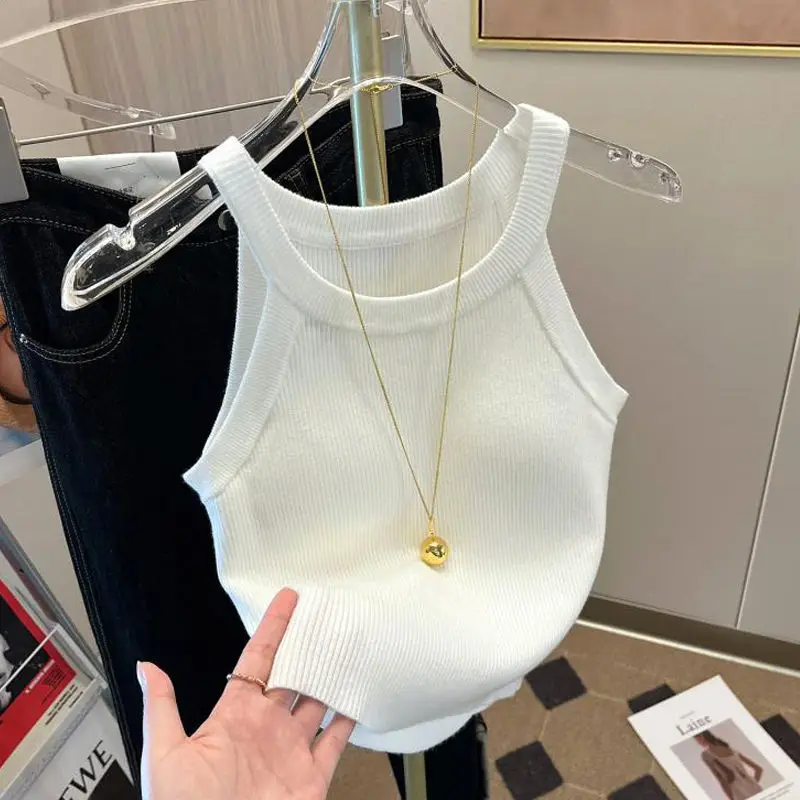 Colete Halterneck listrado para mulheres, blusa pequena com suspensor, suéter bonito e doce, novo, verão, 2023