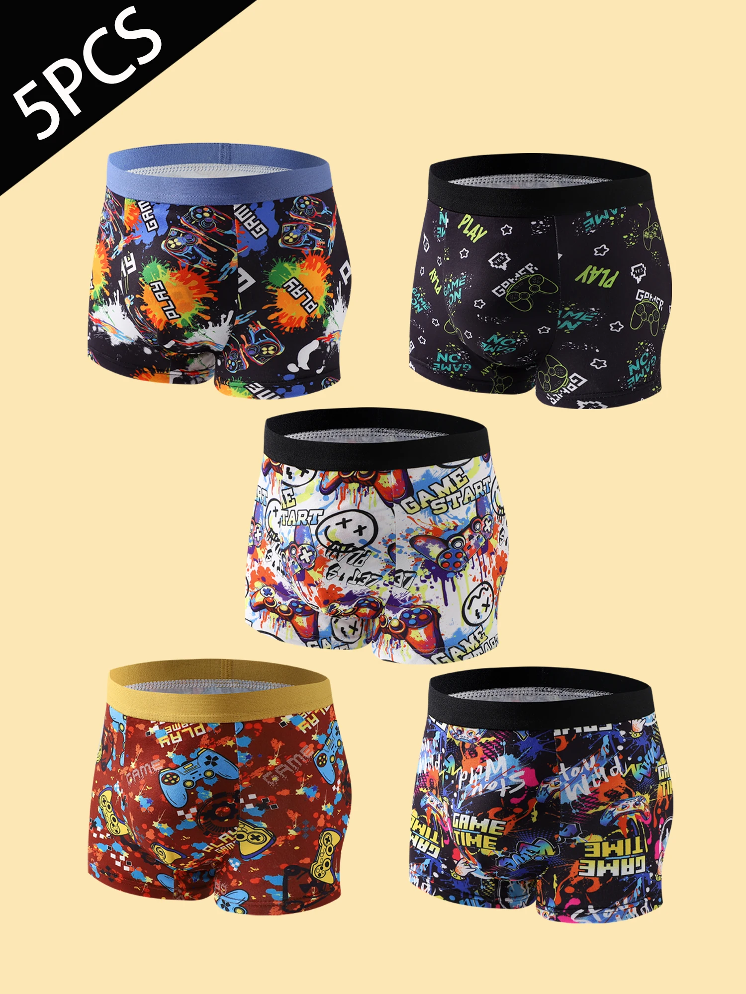 5-Piece Mixed Pack of Boys' Training Briefs with Game Console Print, Street Style, Soft and Comfortable, Stretchy Boxer Briefs for Children, Suitable for Ages 8-12