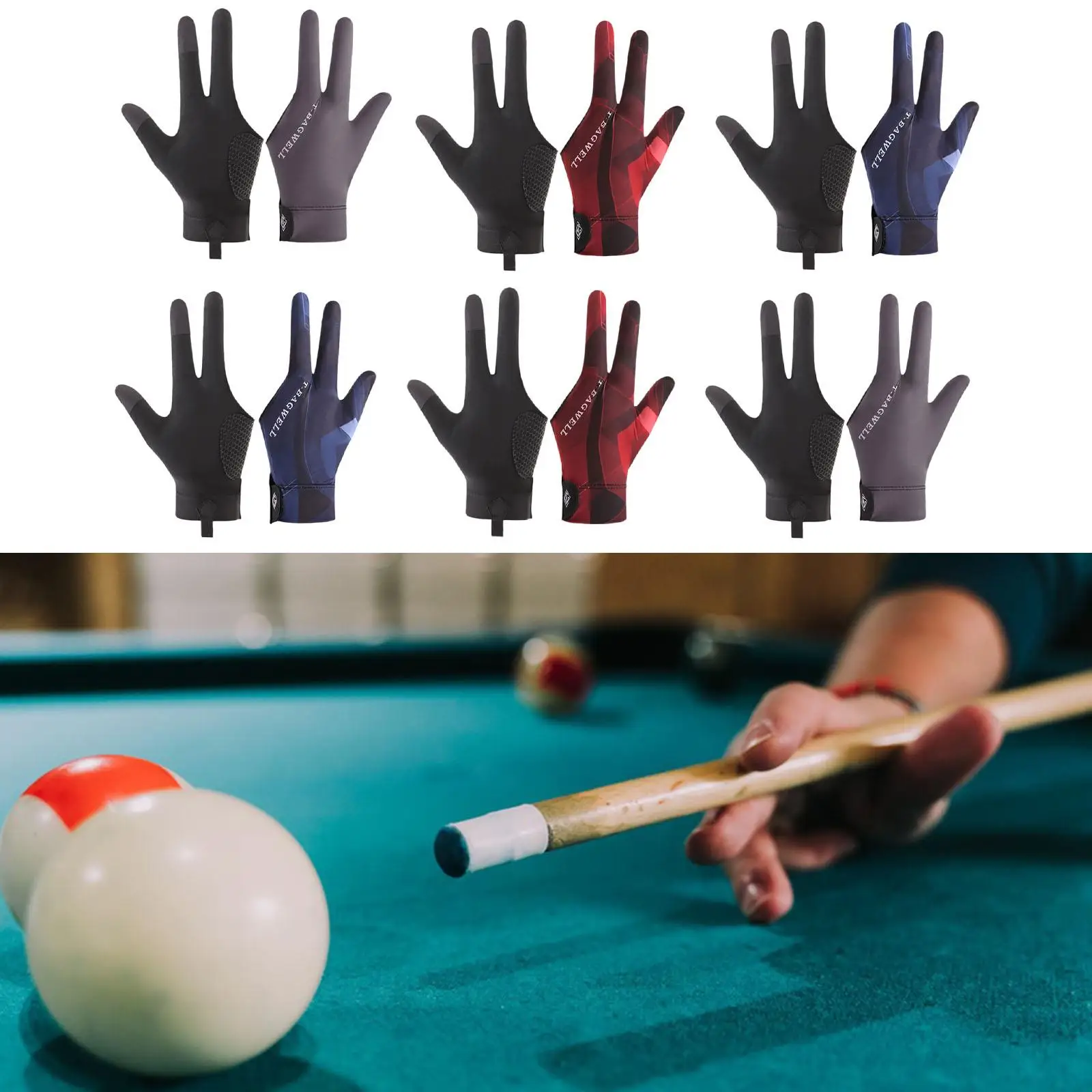 Gants de piscine à 3 doigts pour la pratique du billard, design de doigt individuel pour une utilisation en intérieur