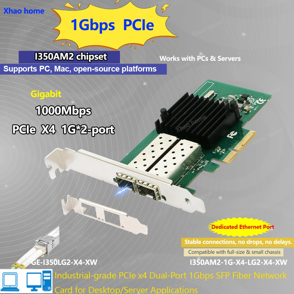 For Intel I350-T2 Dual Port Gigabit Fiber NIC for Server/Soft Router  PCI-E X4 SFP LC Interface, 1000Mbps for Windows/Linux/ESXi