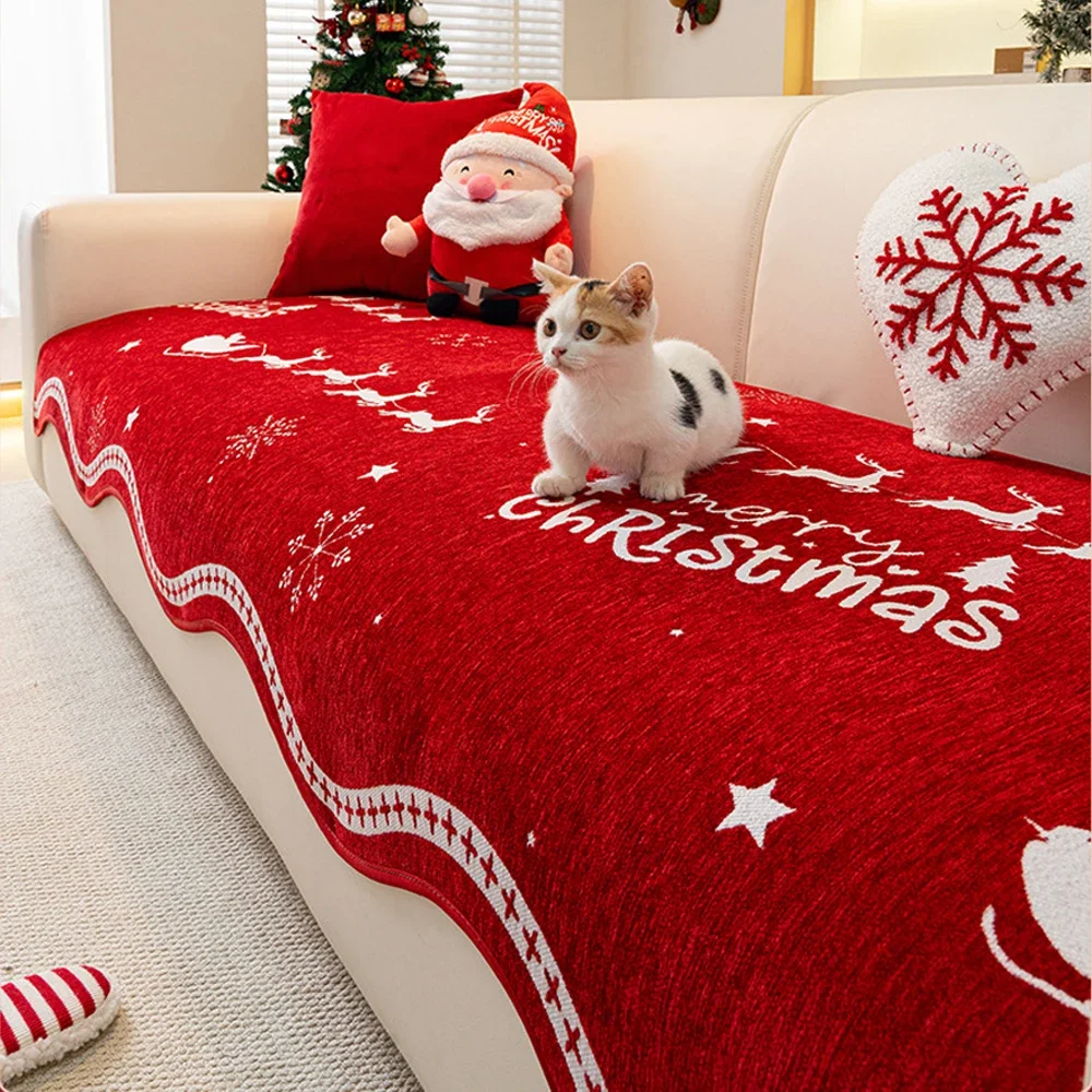 Christmas Sofa Cover Chenier Fabric Anti Slip Red Festive Sofa Cover Suitable for All Seasons Machine Washable and Not Deformed