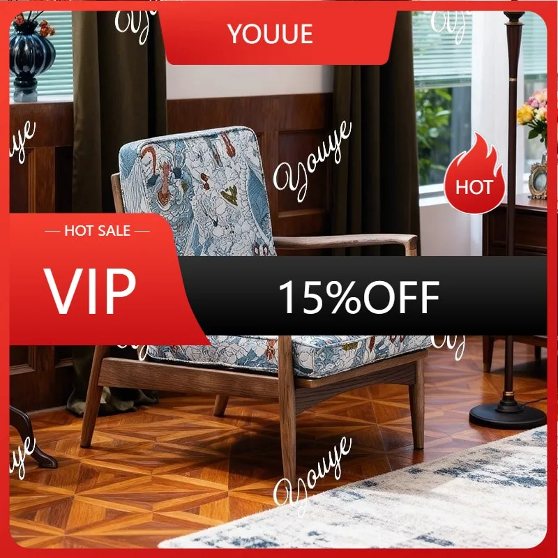 

J French Light Luxury Solid Wood Single Sofa Chair Printed Fabric Villa Living Room Bedroom Balcony Household Sofa Chair