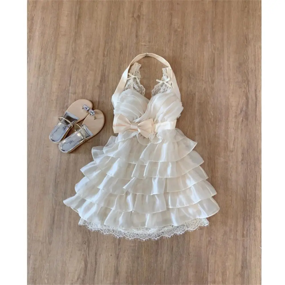 Vestido de fada halter feminino em camadas plissado mini vestido elegante arco renda estilo doce sem mangas saia branca verão roupa fina 2025