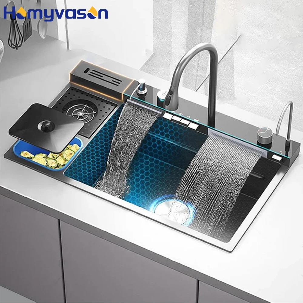 

8248cm Modern China Luxury Multifunctional 304 Stainless Steel Smart Waterfall Single Bowl Kitchen Sinks
