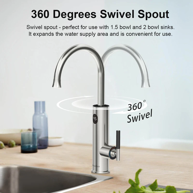 Briwellna Electric Water Heater Kitchen Faucet 2 In 1 With Digital Display Stainless Steel 220V Electric Tap Geyser Robinet