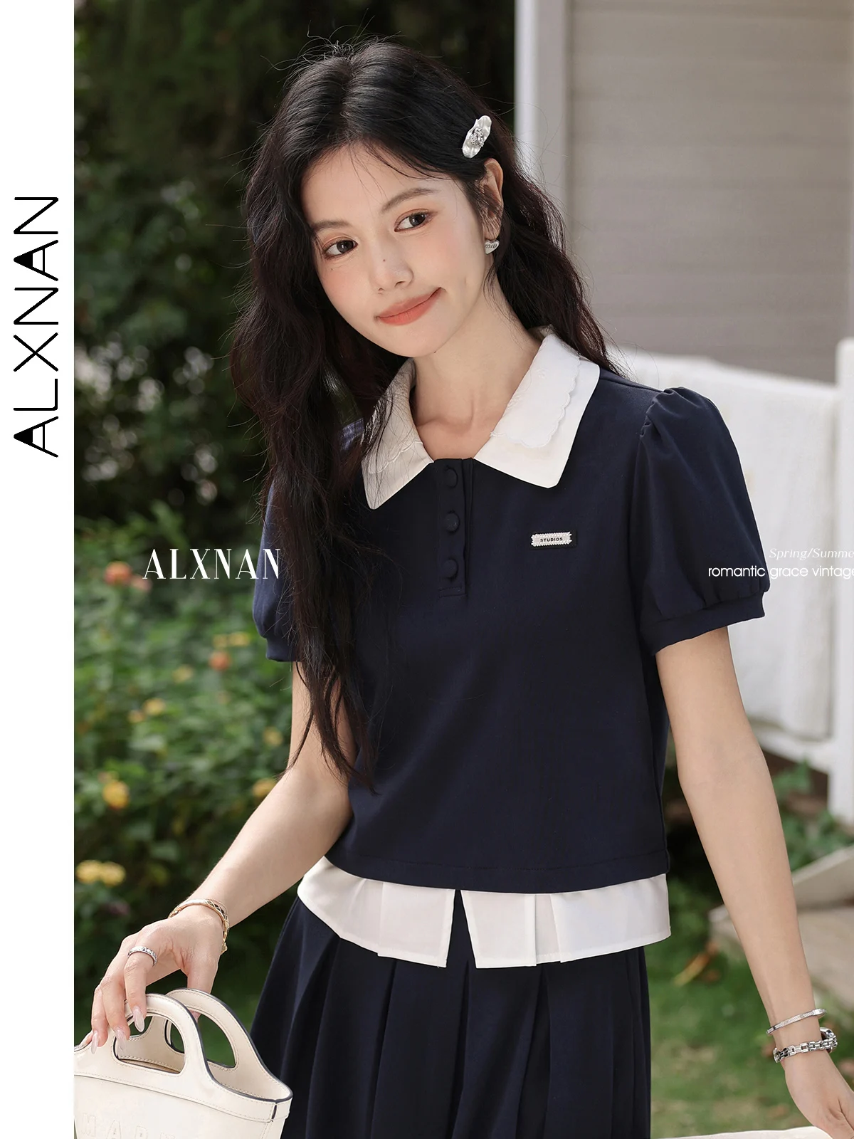 

ALXNAN Women's T-shirt Blue Puff Sleeve Patchwork Short Sleeve T-shirt 2025 Summer Elegant Cotton Collared Ladies Tops L551117
