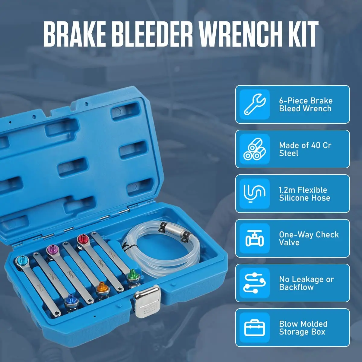 Brake Bleeder Wrench Set 7mm 8mm 9mm 10mm 11mm 12mm with 6pcs 12-Point Wrenches 1.2m Brake Fluid Clutch Bleeder Hose