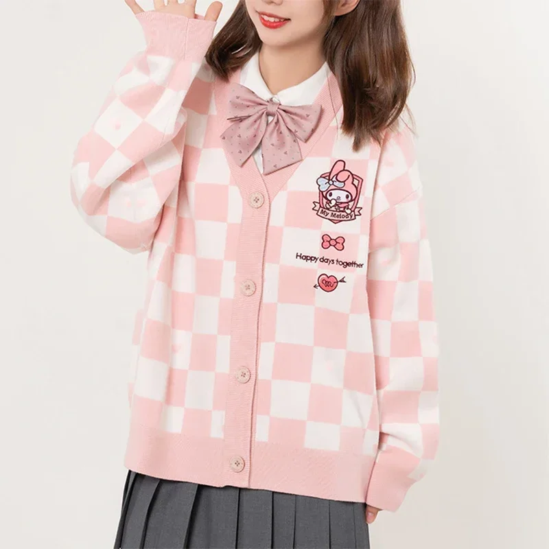 Kawaii Sanrio damski sweter rozpinany śliczny Kuromi moja melodia top w kratę dziewczyna styl College luźny sweter z dzianiny z długimi rękawami