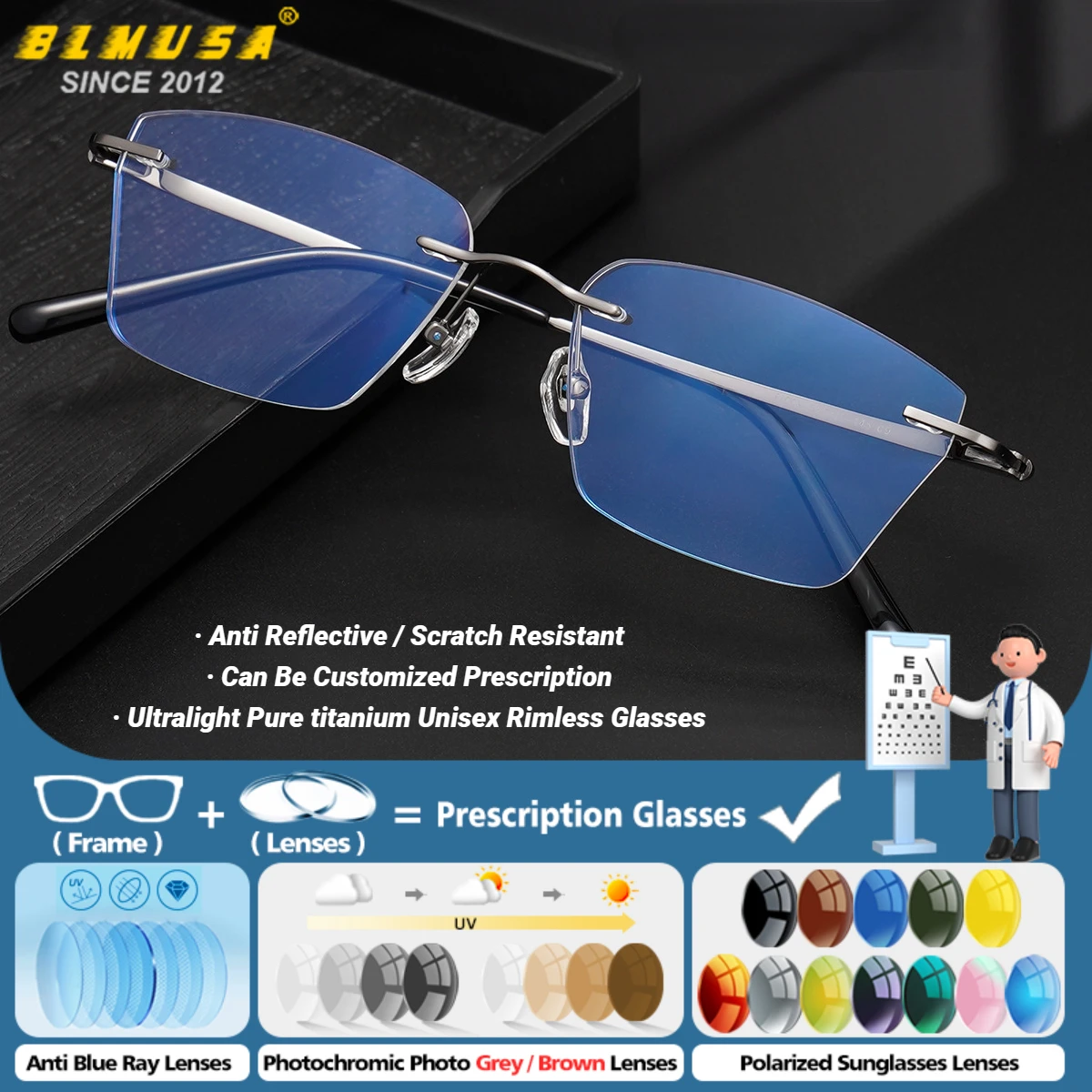 

BLMUSA Ultra-light Titanium Rimless Frame Prescription Myopia Glasses Women Premium Scratch Resistant Multifocal Reading Eyewear