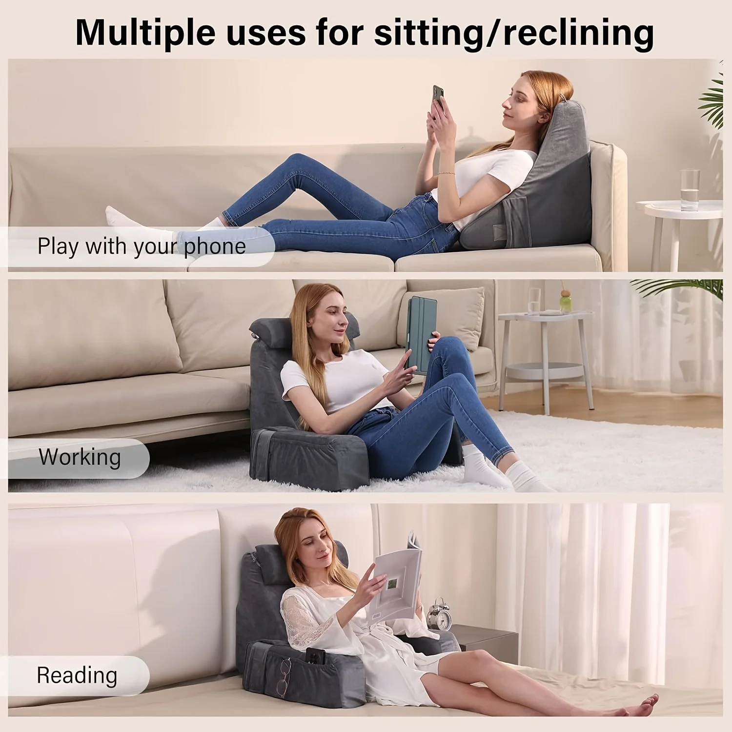 

Ergonomic Reading Pillow with Full Support Back Cushion for Bed Chair TV Watching Removable Coral Fleece Cover Bed Accessory 이불