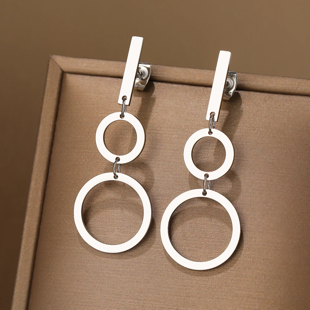 Stainless Steel Earrings Simple Geometric Stick Double Circle Gothic Fashion Pendants Earrings For Women Jewelry Party Girl Gift