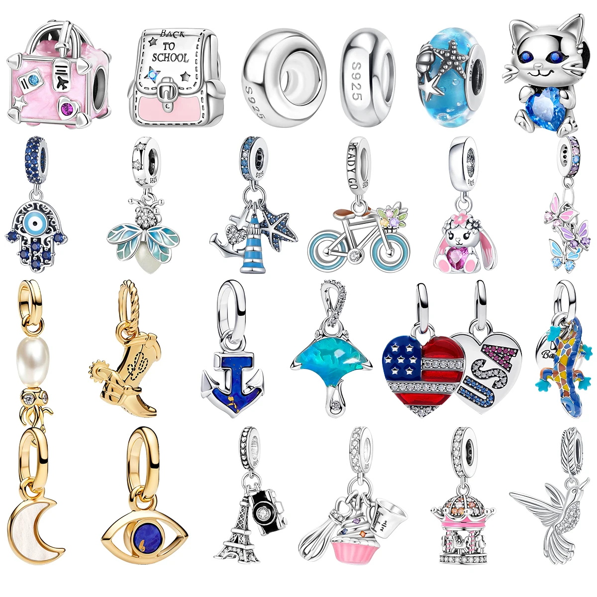 Nouvelles perles pendentifs en argent sterling 925 pour bagages, sacs à dos, vélos, lapins, chats, lucioles, Tour Eiffel, geste de la main de Fatima, bijoux breloques