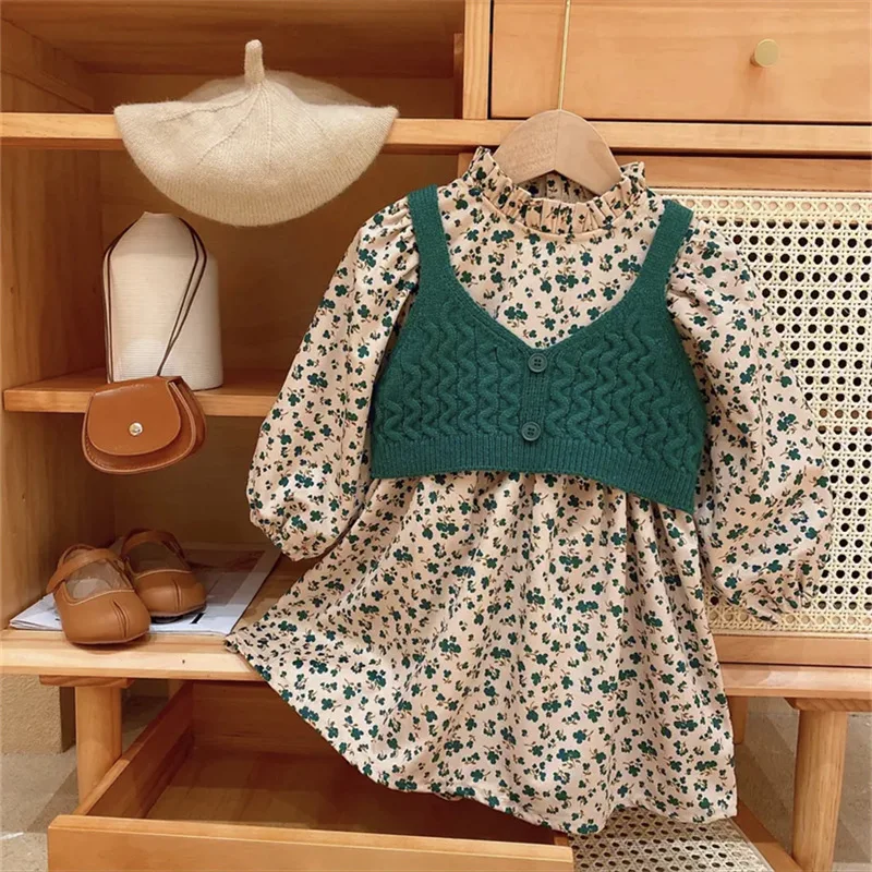 

Spring and Autumn New Style Dress for Girls, Fashionable Floral Dress for Baby Girls+Knitted Cardigan Two-Piece Set
