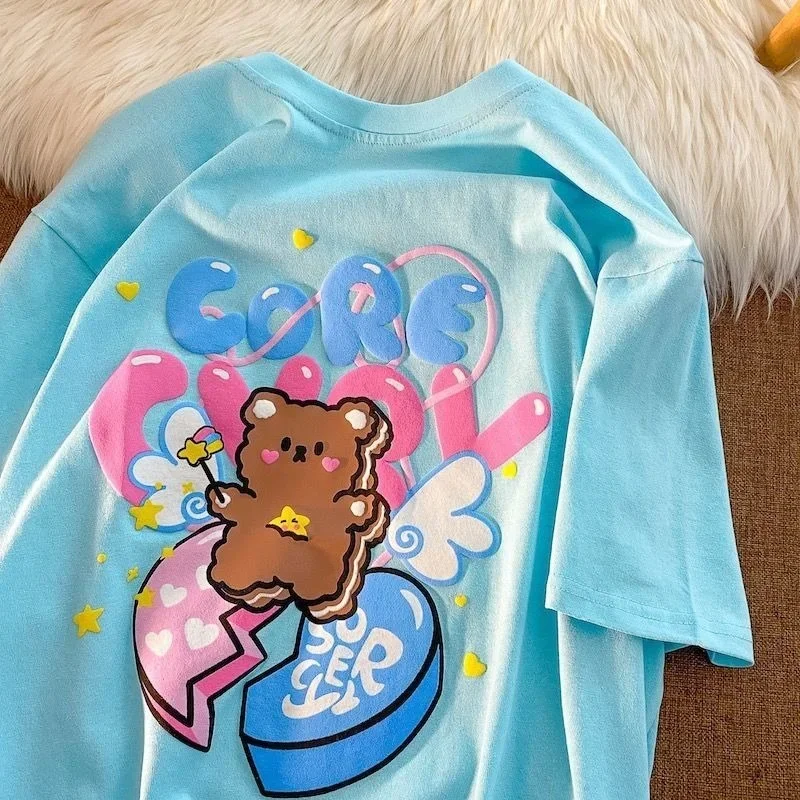 100%Cotton Summer Cute Letter Bear Print Cartoon T Shirts Harajuku Kawaii Clothes for Teens Girls Large 2XL Mujer Casual Tops