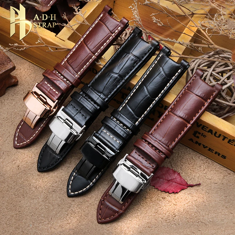 Head Layer Leather Strap Crocodile Pattern Cowhide for YA133309 Gales 20*11mm 22*13mm Watchband Black Brown Men\'s Accessories