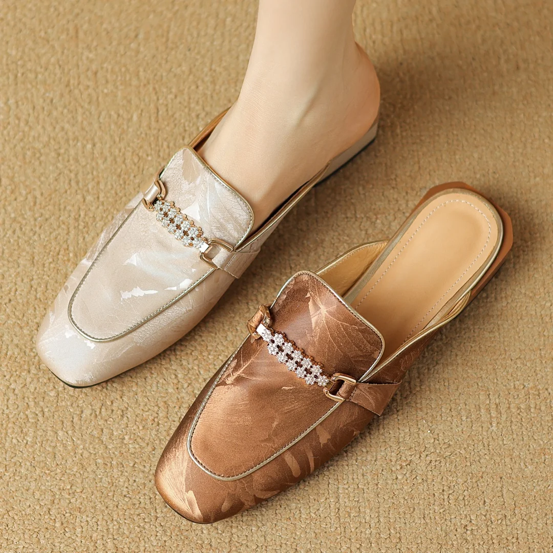 

Women's genuine leather square toe slip-on flats summer mules high quality casual female daily slides crystal buckle shoes woman